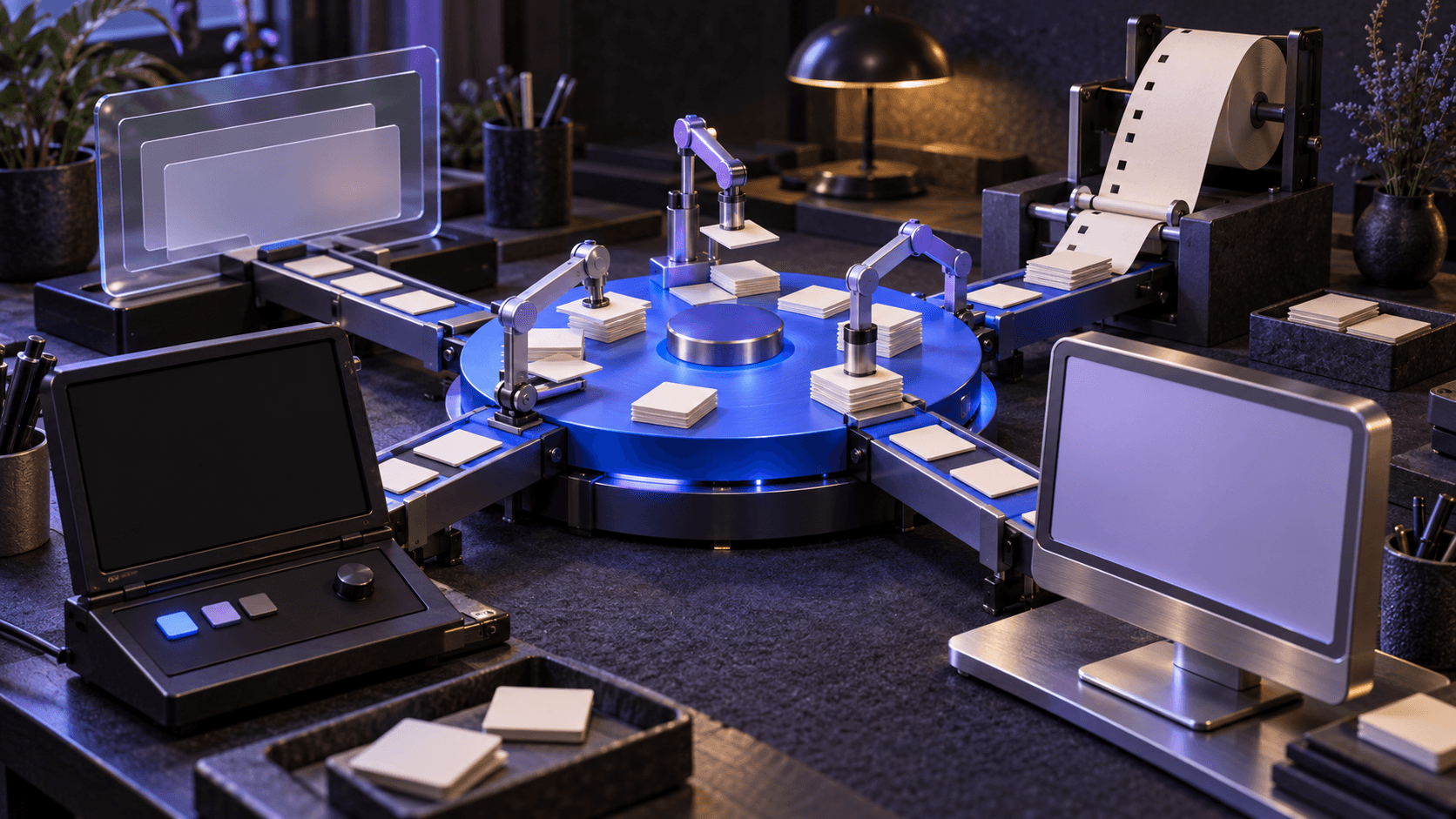 A miniature workshop connects terminal, browser, desktop, and paper-feed stations to one blue processing hub with lavender arms sorting tasks.