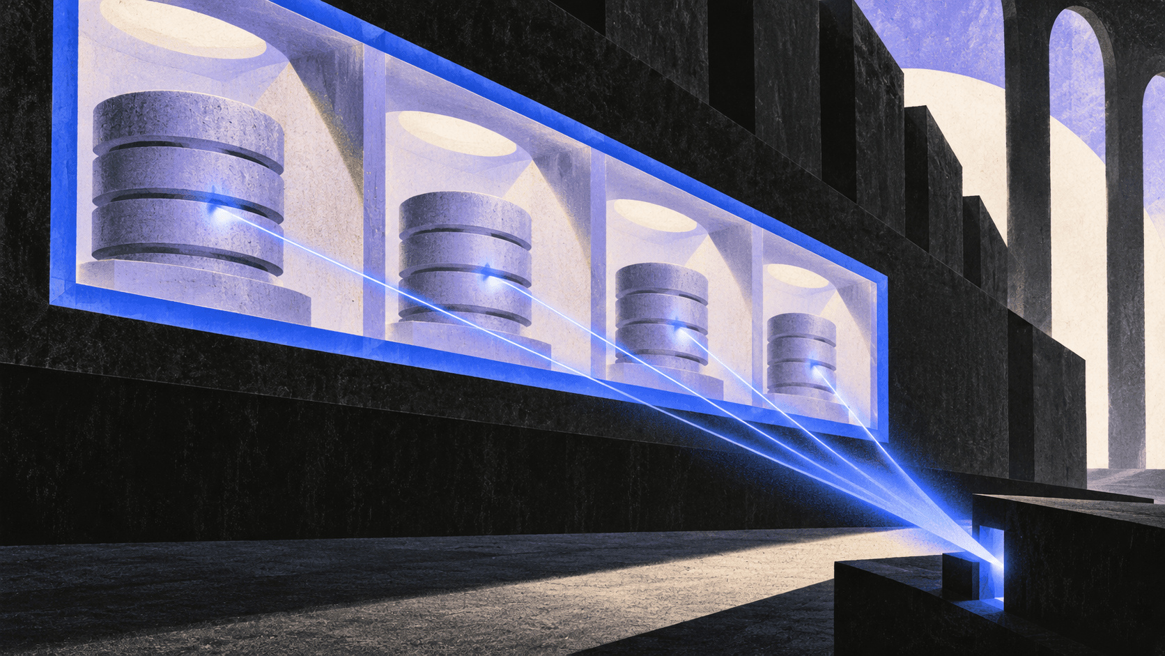 Blue beams connect a single endpoint to four lavender database stacks behind glass, illustrating managed read-only access to cloud databases.