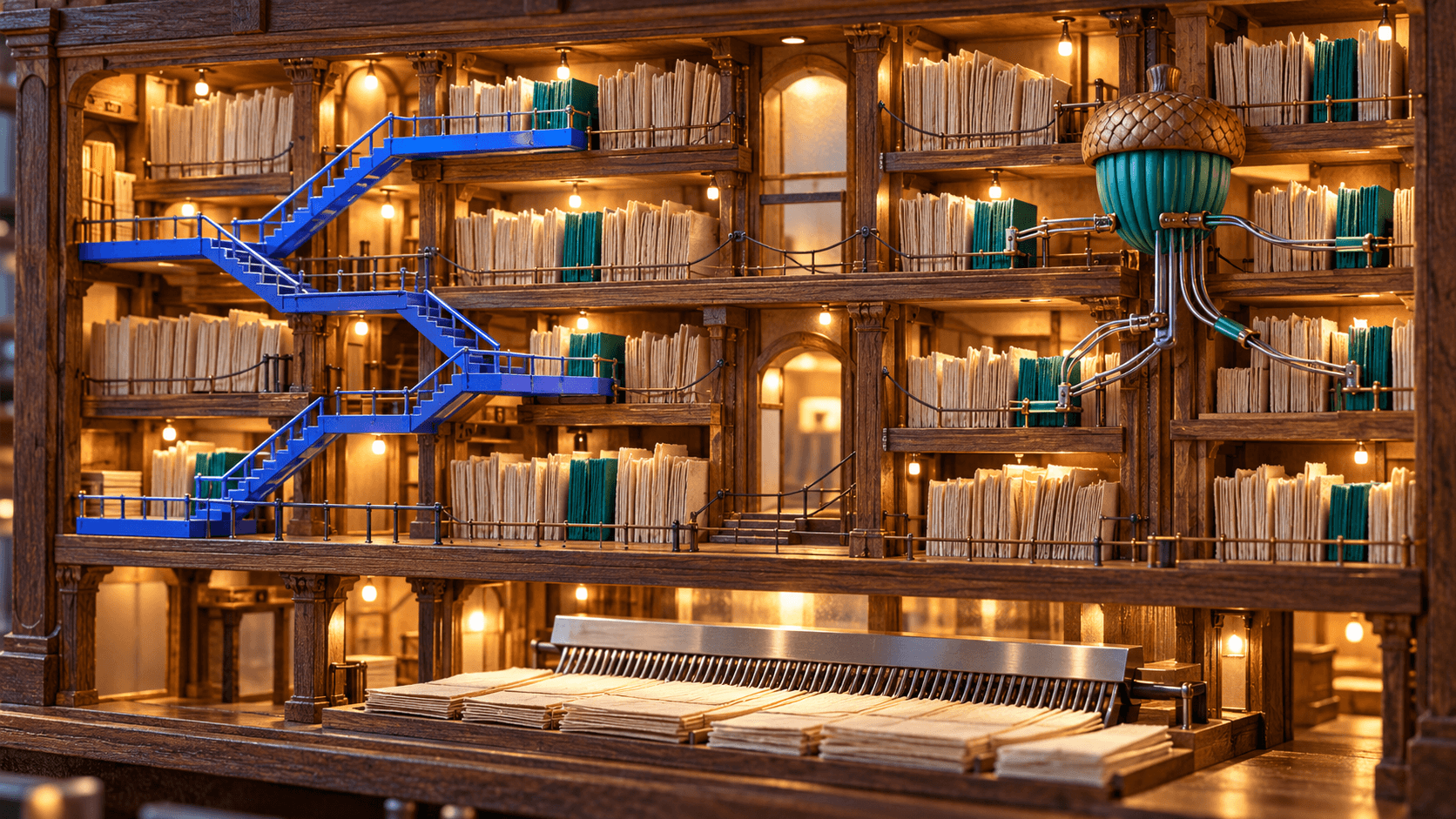 A warmly lit miniature archive contrasts branching blue stairways with a teal acorn-shaped search mechanism among shelves of paper records.
