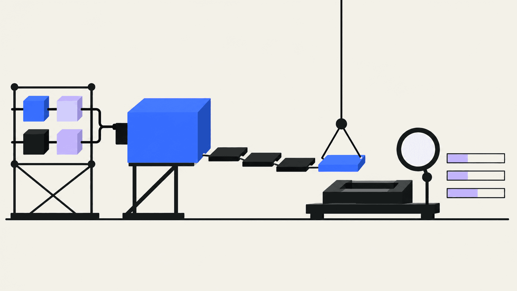 Blue and black deployment blocks lead to a suspended connector above a hardware testing platform, symbolizing a deployment plan awaiting validation.