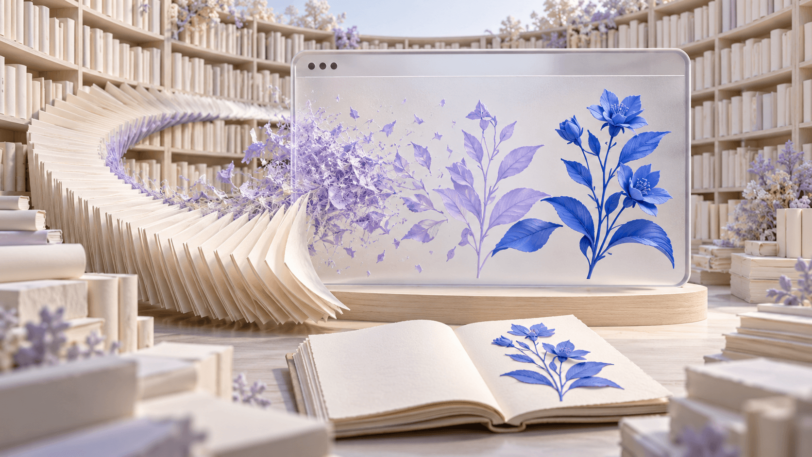 A miniature ivory library surrounds a frosted browser window where lavender fragments form blue flowers, mirrored in an open paper notebook.