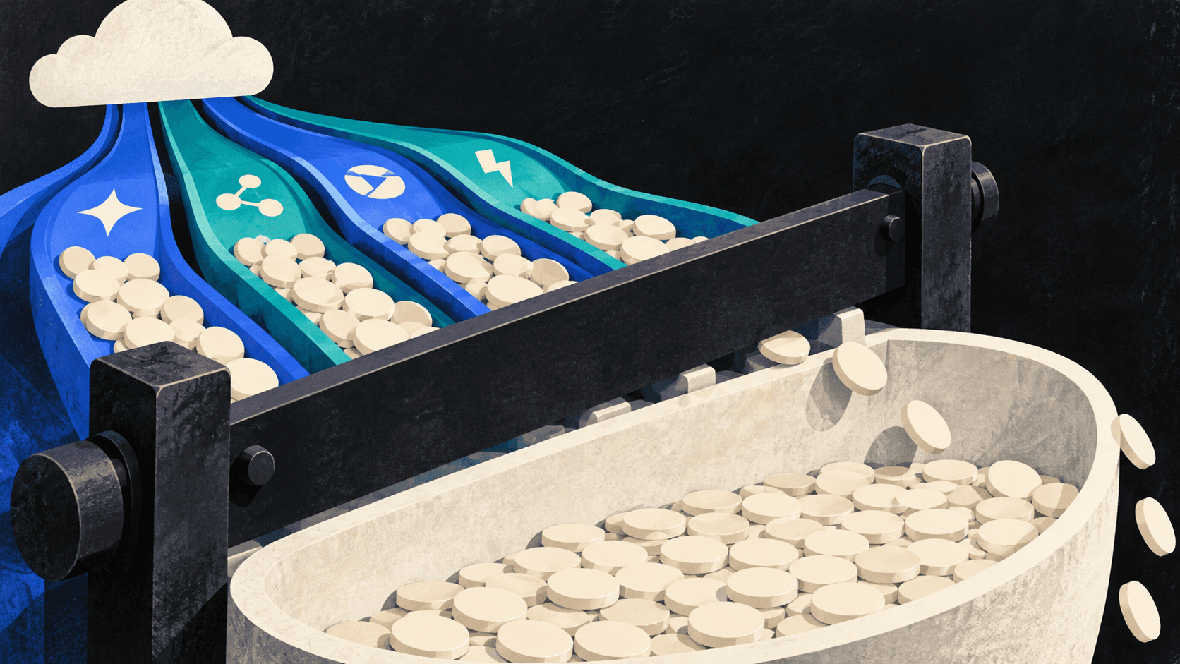 A black barrier stops coins flowing along four blue and teal cloud-service channels, while a few coins spill over a cream budget basin.