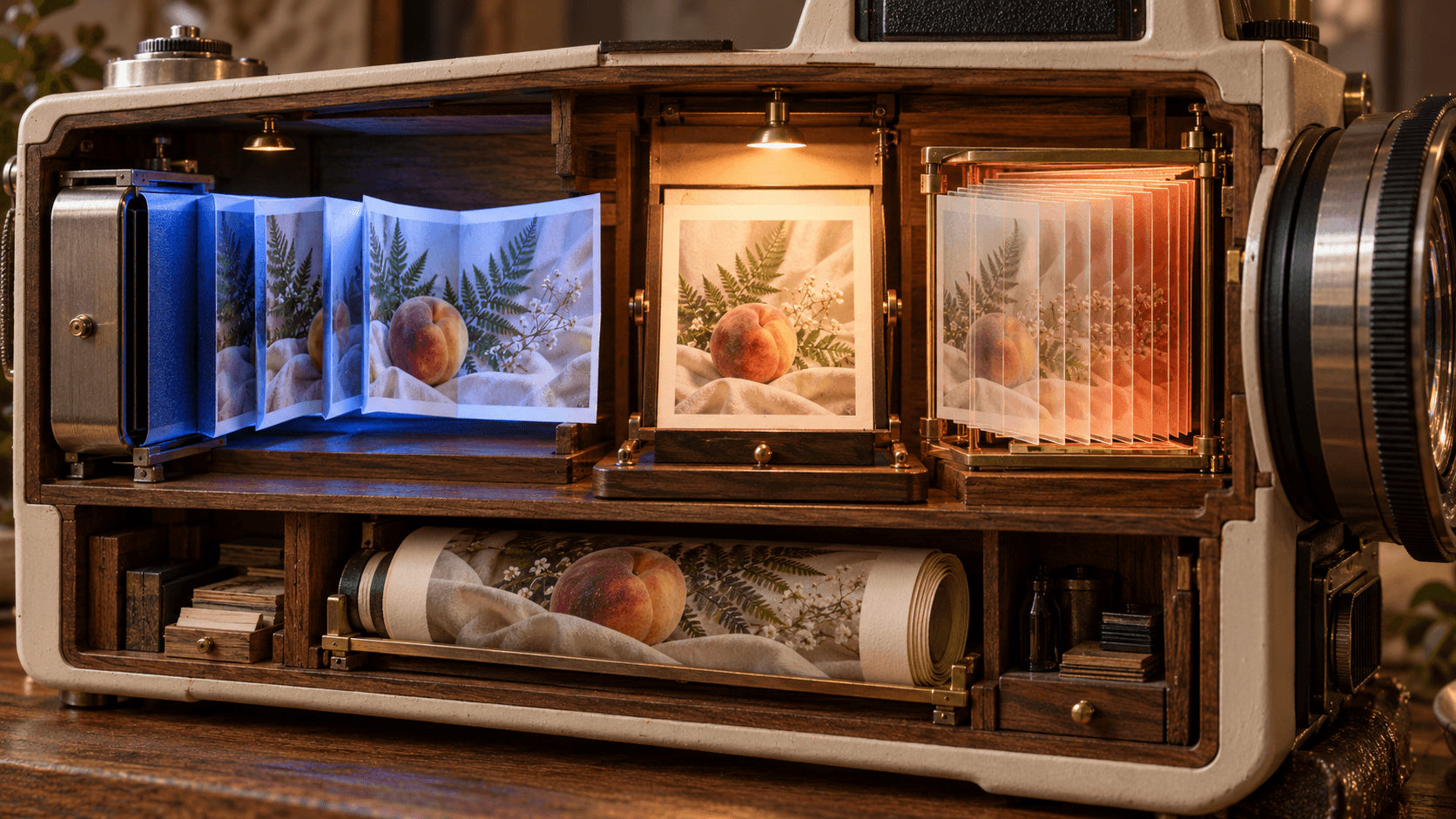 A warmly lit miniature camera cutaway contrasts blue accordion-fold photographs with coral glass image layers above a bulky rolled print.
