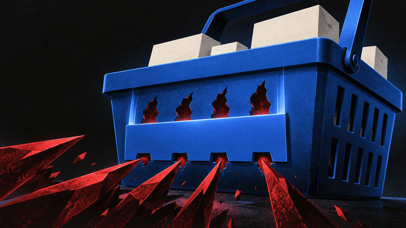 A blue repair plate covers four red breaches in a shopping basket filled with packages as sharp red shards approach against a dark background.