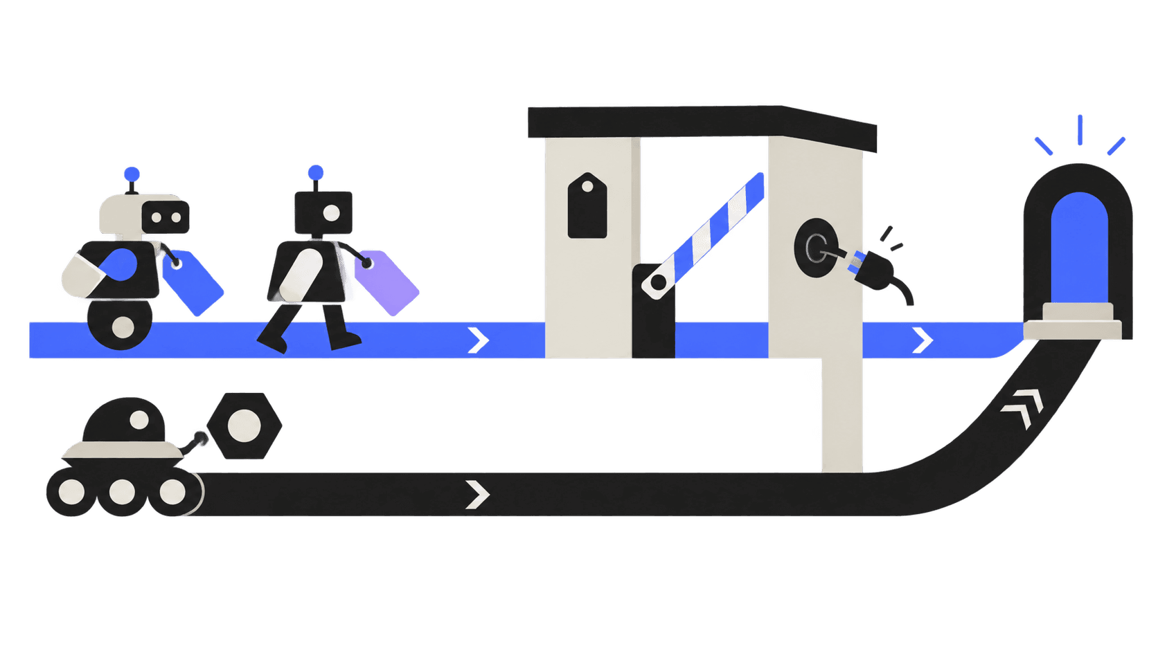 Robotic agents with credential tags approach a blue security checkpoint while another robot follows a separate black path around the controls.
