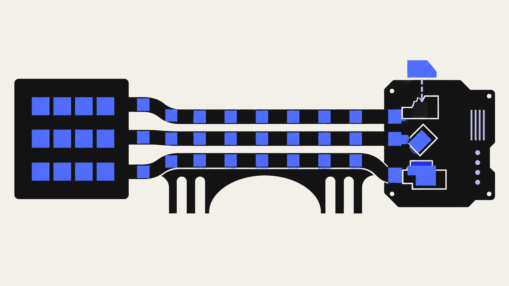 Blue modules cross a black bridge toward differently shaped sockets on an abstract circuit board, illustrating software migration that requires hardware-specific adapters.
