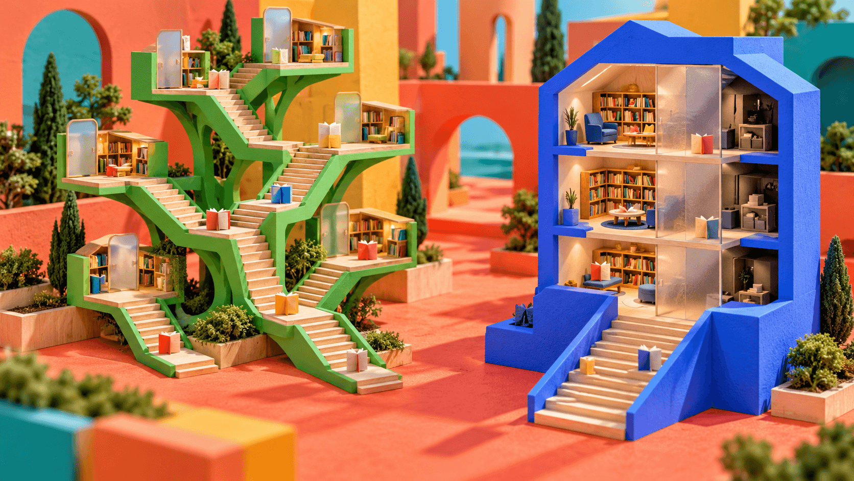 A colorful miniature diorama contrasts green branching stairways connecting reading nooks with a blue townhouse containing stacked rooms divided by frosted glass.