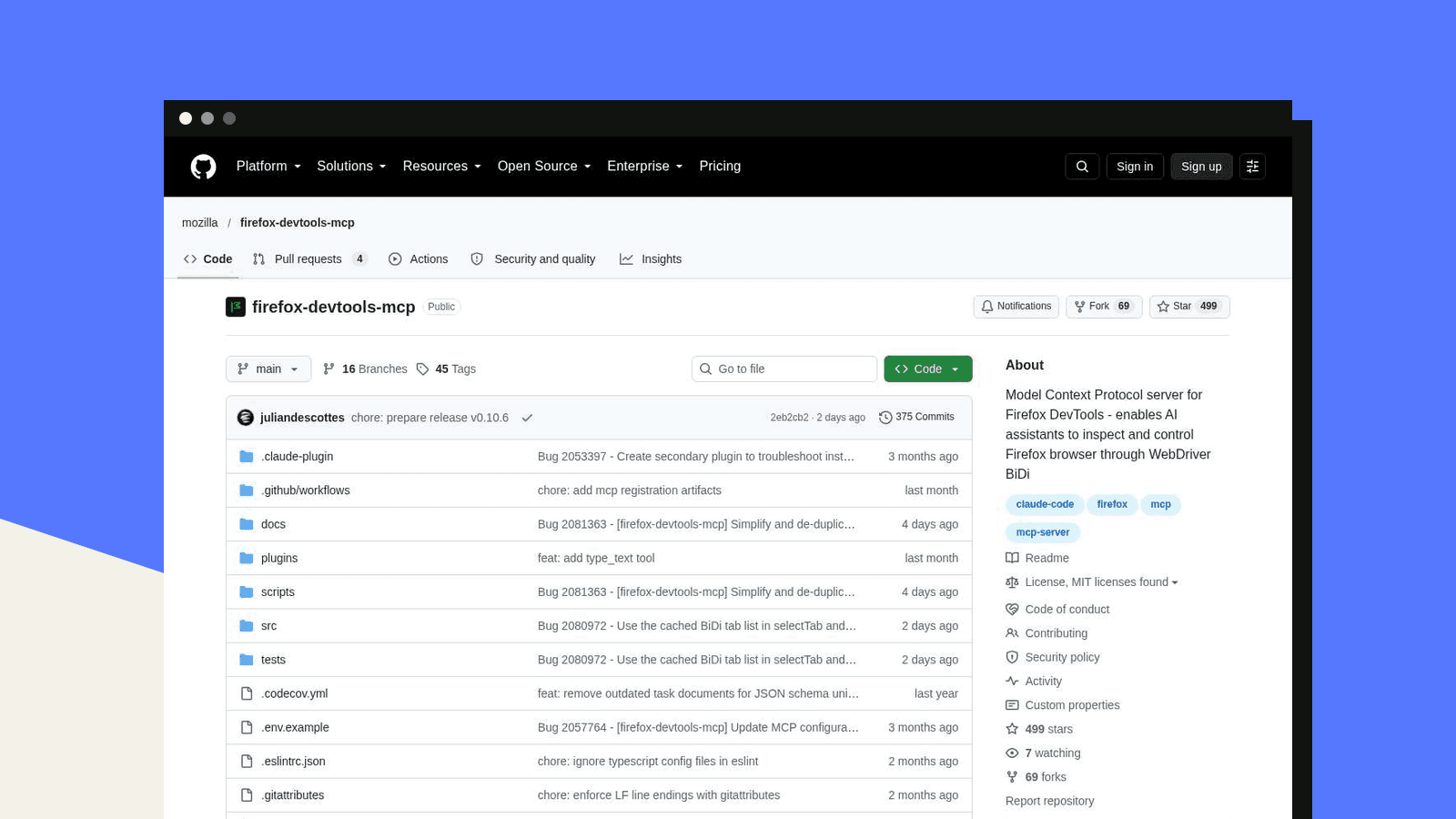The Firefox DevTools MCP homepage (github.com)