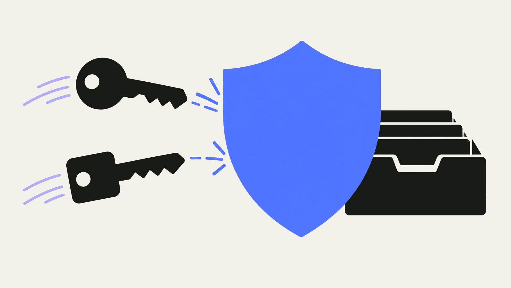 A blue shield blocks two black keys from entering a repository depicted as stacked folders on an off-white background.