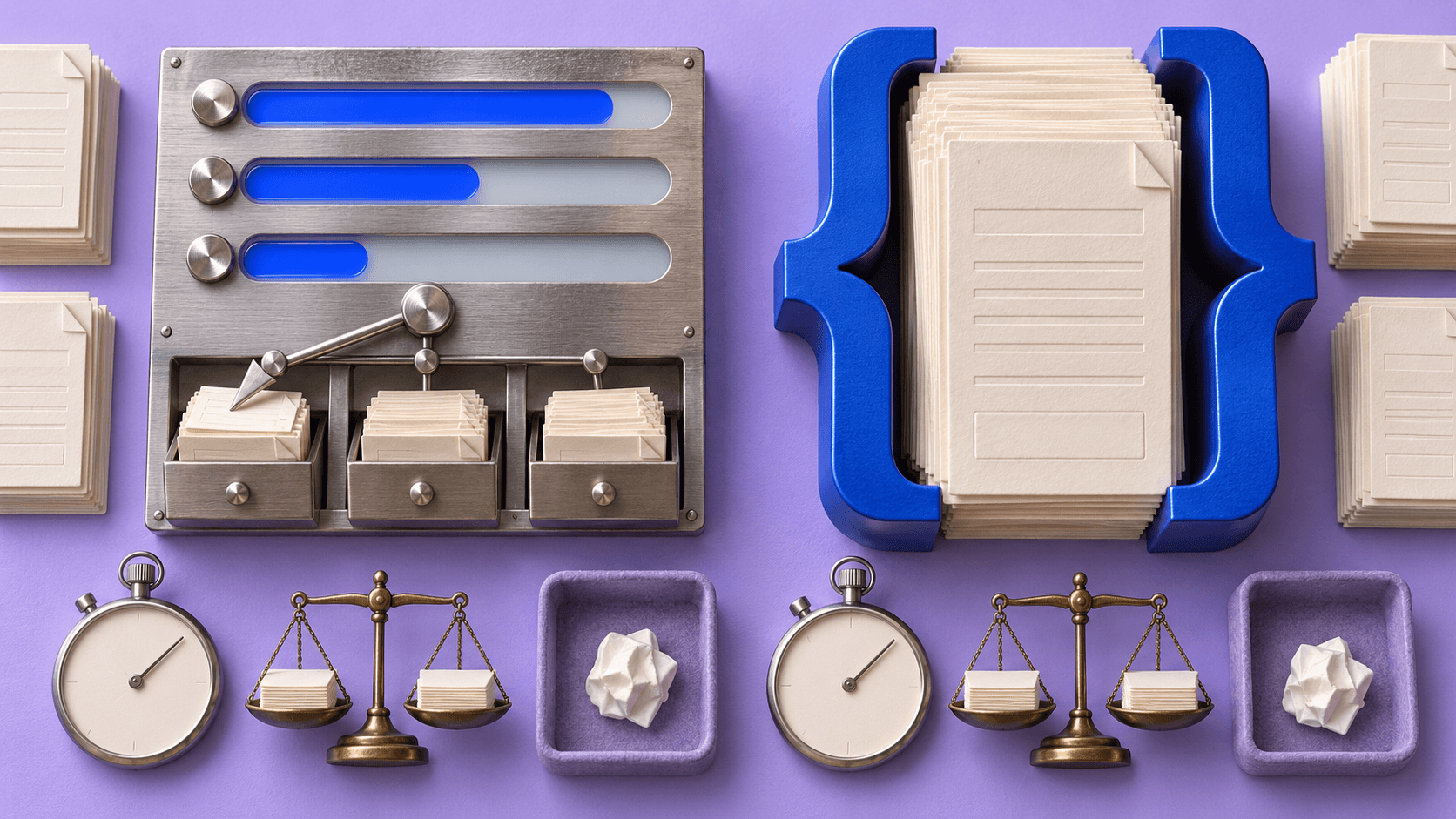 A miniature scoring panel faces blue braces enclosing documents, with paired stopwatches, scales, and discarded papers arranged on lavender paper.