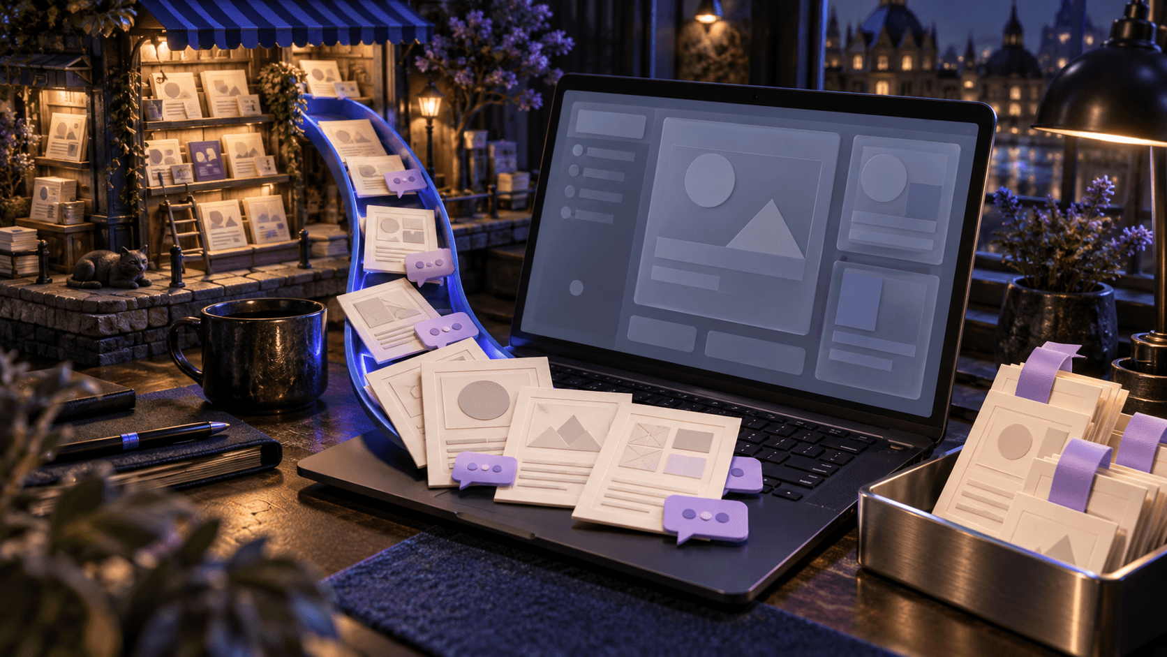 A miniature newsstand delivers article cards and lavender discussion bubbles down a blue chute to a laptop beside a tray of bookmarked stories.