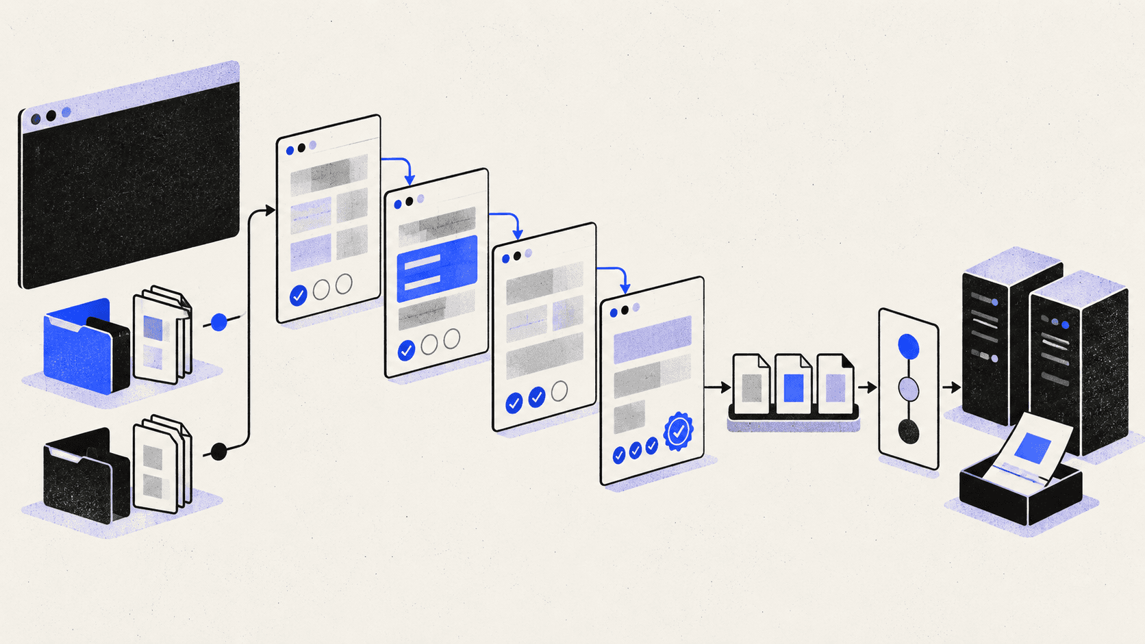 A risograph illustration shows a terminal and worktree files feeding four dependent pull request reviews, with a blue mid-stack revision flowing through approvals, a merge queue, and deployment servers.