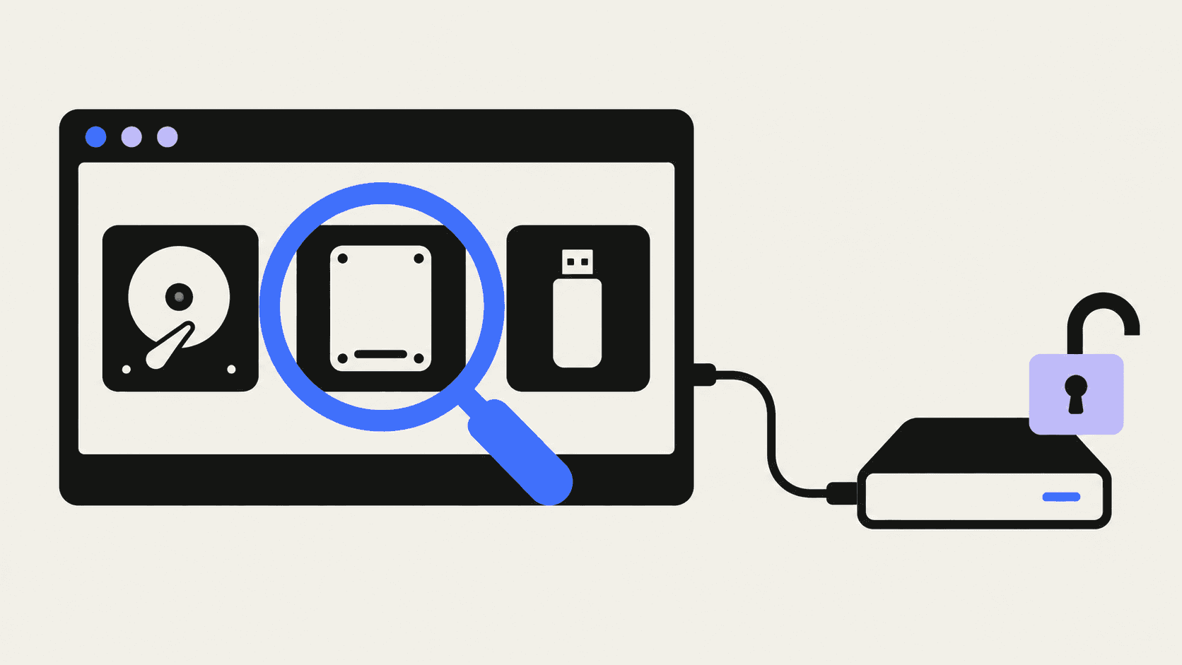 A blue magnifying glass highlights storage icons in a computer window connected to an external drive with an open padlock, symbolizing auditing and optional security controls.