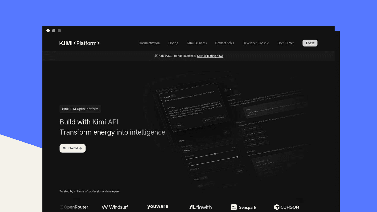 The Kimi K3.1 Pro homepage (platform.kimi.ai)