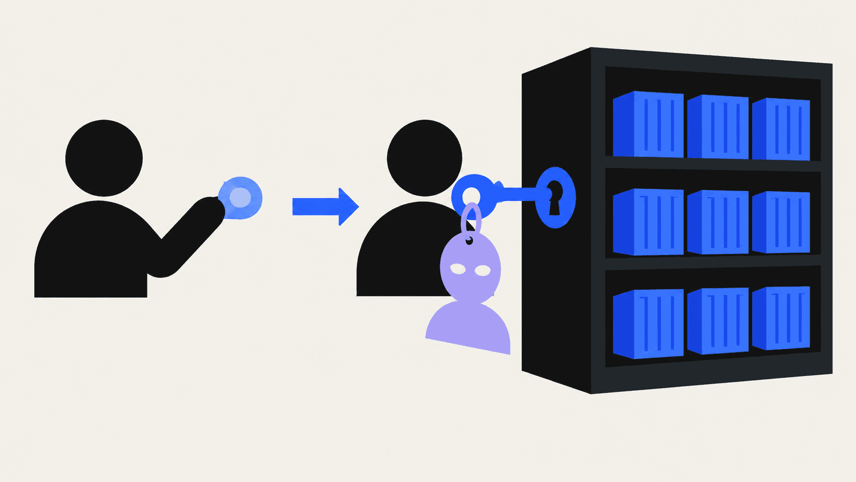 A blue access token transfers between two user silhouettes, becoming a key with an identity mask that unlocks a cabinet of container images.