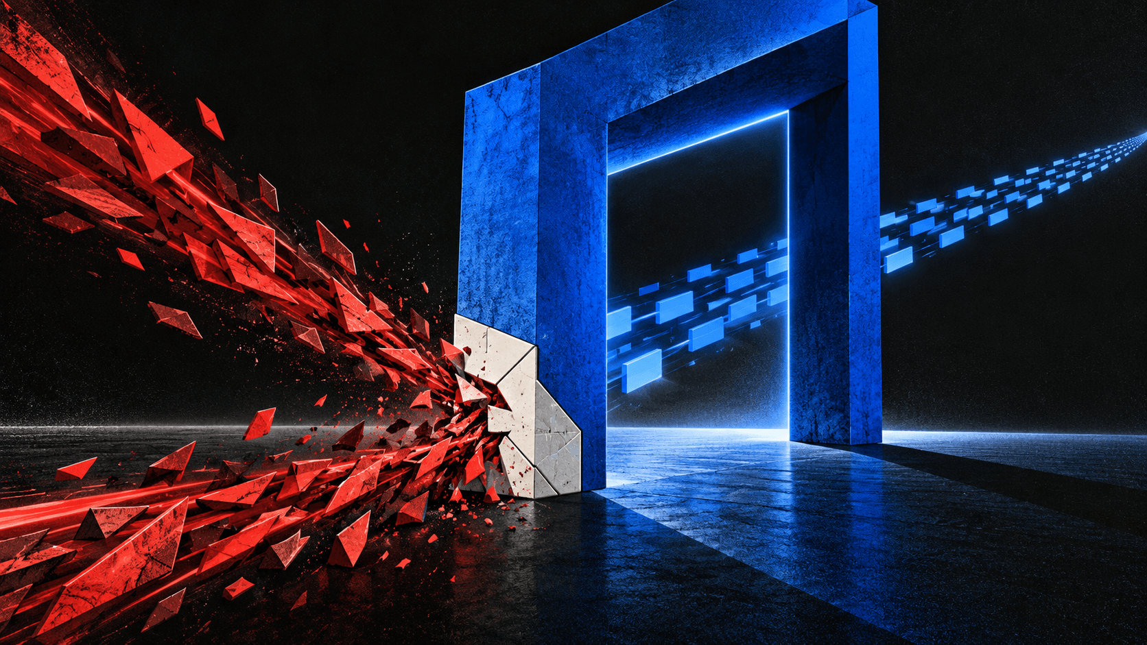 A reinforced electric-blue gateway blocks jagged red traffic while orderly blue data packets pass through against a near-black background.