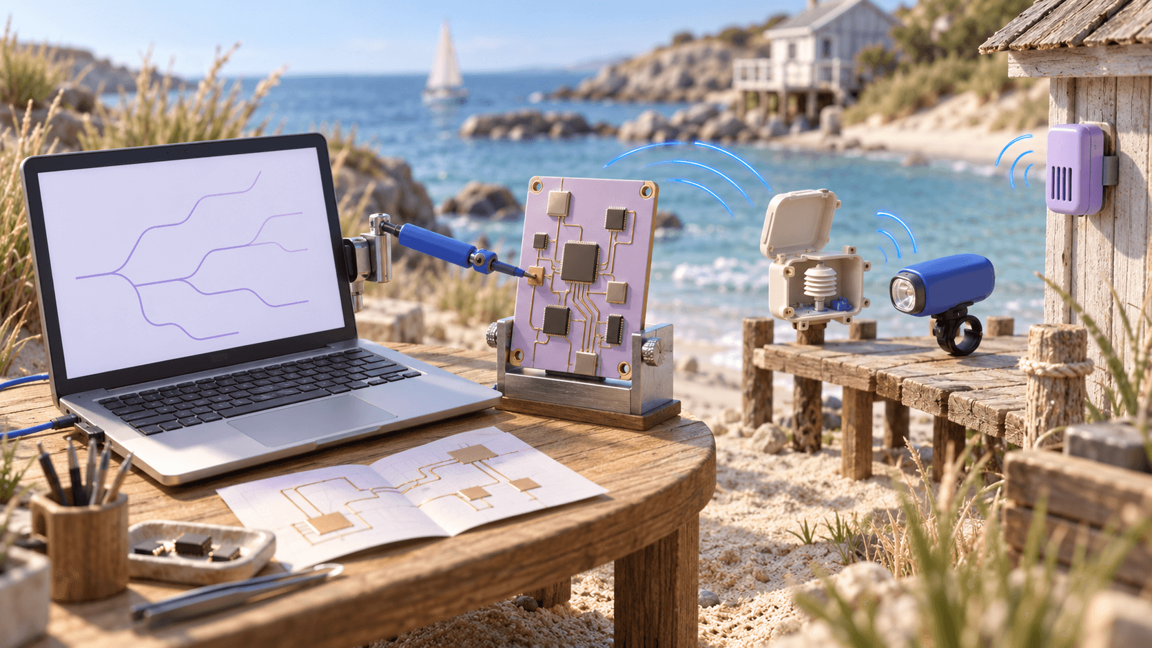 A sunlit coastal miniature shows a laptop probing an unmarked lavender circuit board linked wirelessly to nearby sensors and a bicycle light.