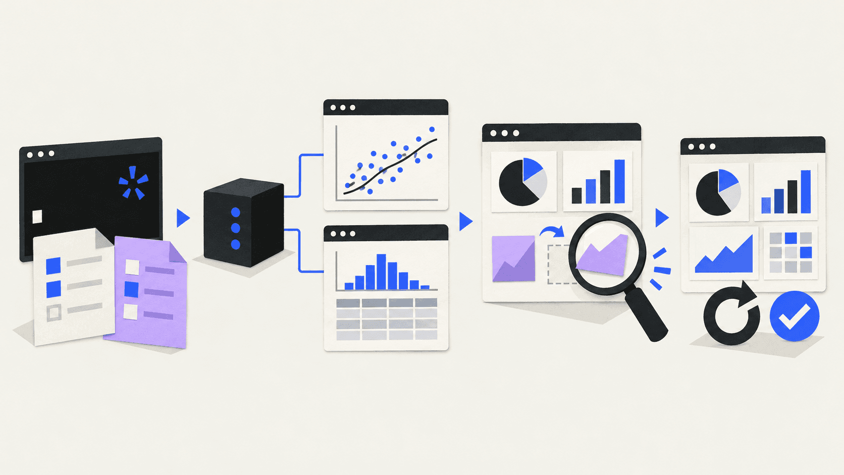 A cut-paper illustration shows a terminal and configuration files connecting through a server to live analysis sessions, followed by dashboard inspection, repair, and successful restart.
