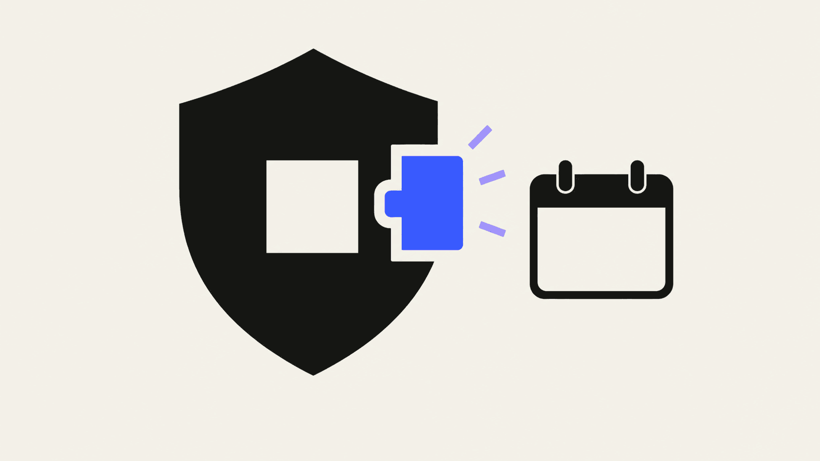 A blue patch fits into a black shield beside a blank calendar, symbolizing scheduled software security updates.