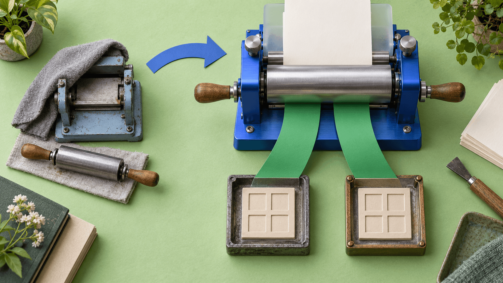 An overhead miniature scene shows a retired printing press beside a larger blue press feeding green paper into two window-shaped molds.