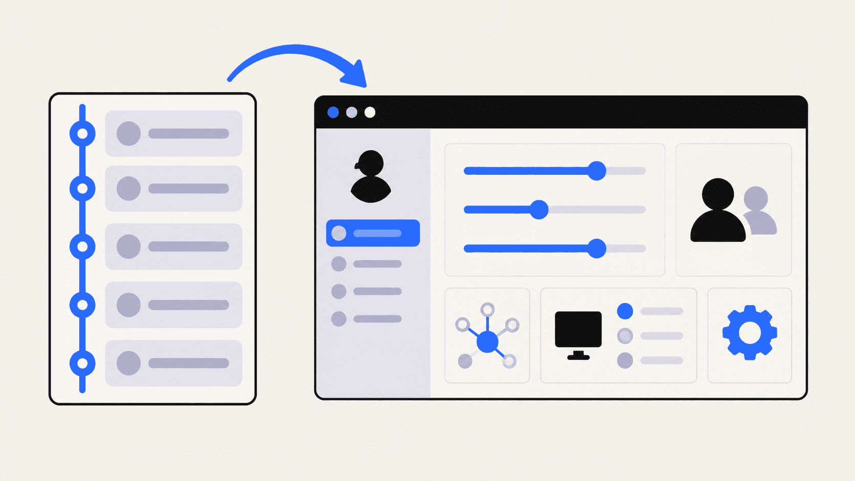 A blue audit trail sits beside an abstract administration dashboard with settings sliders, user icons, and a curved arrow indicating a refresh.