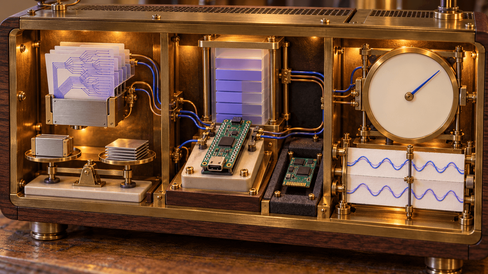A warmly lit miniature testing machine pairs a microcontroller board with a firmware balance, lavender memory stack, blank timer, and blue validation waveforms.