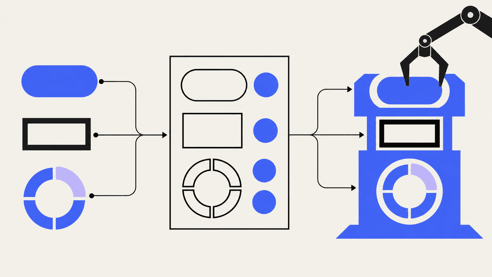 Geometric UI components connect through a shared specification to a blue framework, where a robotic gripper aligns a matching piece.