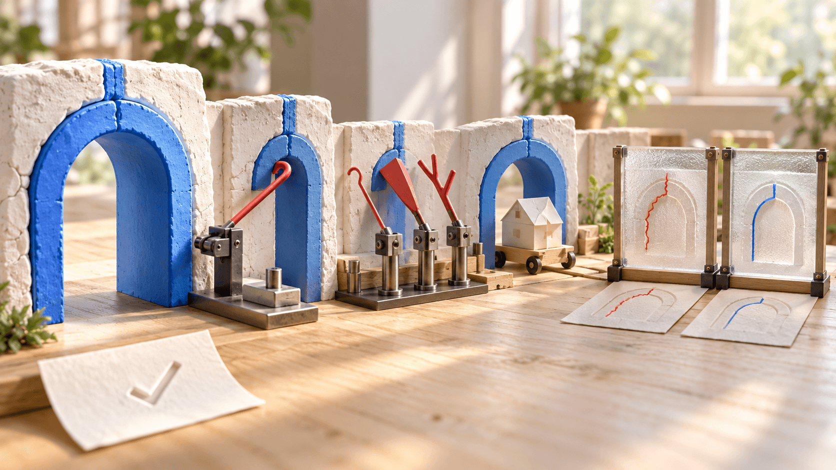 A sunlit miniature workbench shows blue repaired gateways tested with red attack probes, a passing cargo cart, and paired inspection panels beside a cleared alert slip.