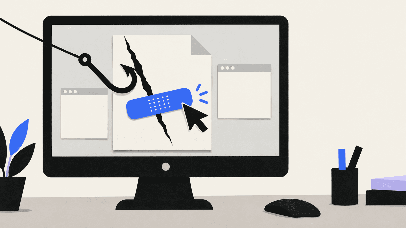 A cut-paper illustration shows a desktop monitor displaying a cracked document sealed with a blue security patch as a black hook attempts to pierce it.