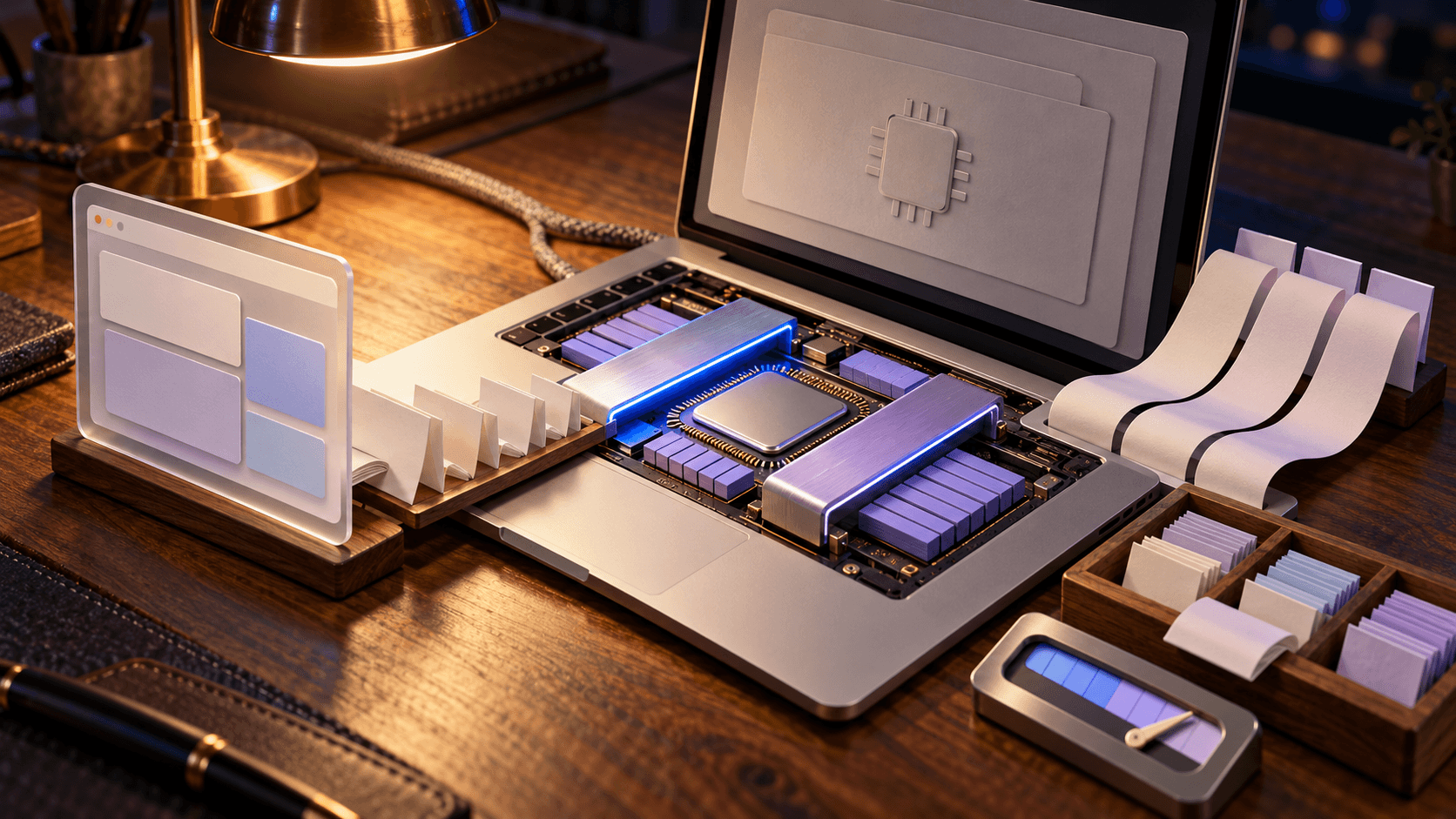 A miniature laptop under a warm desk lamp exposes blue and lavender chip bridges, paper requests, parallel replies, a cache drawer, and a memory gauge.