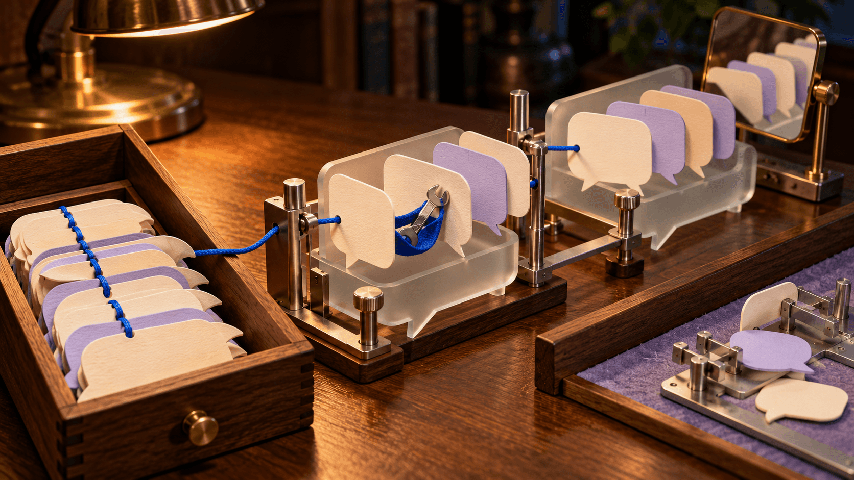 A warmly lit miniature desk shows blank chat bubbles moving from an archive into glass frames, with a suspended wrench preserving a pending tool action.