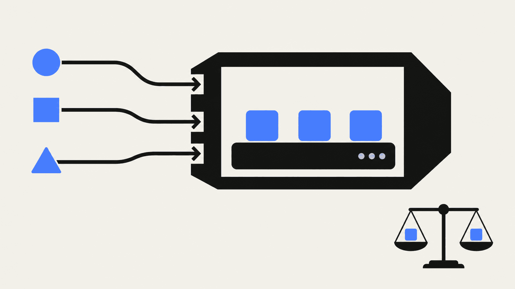 Blue geometric requests flow into a shared server enclosure beside balanced scales representing an unresolved performance comparison.