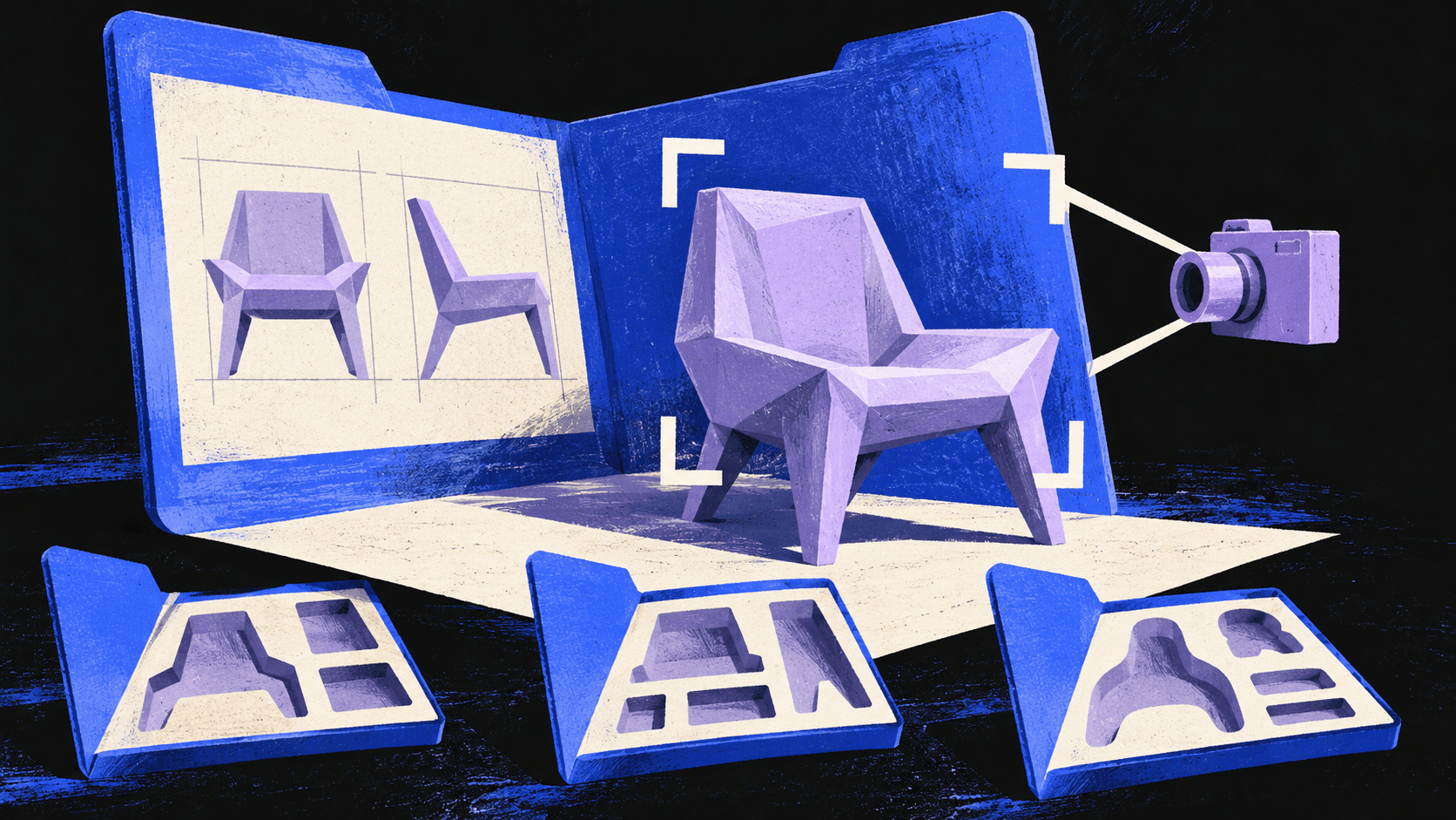 A lavender 3D chair emerges from a blue folder beside orthographic drawings and a camera, with three differently fitted asset folders in the foreground.
