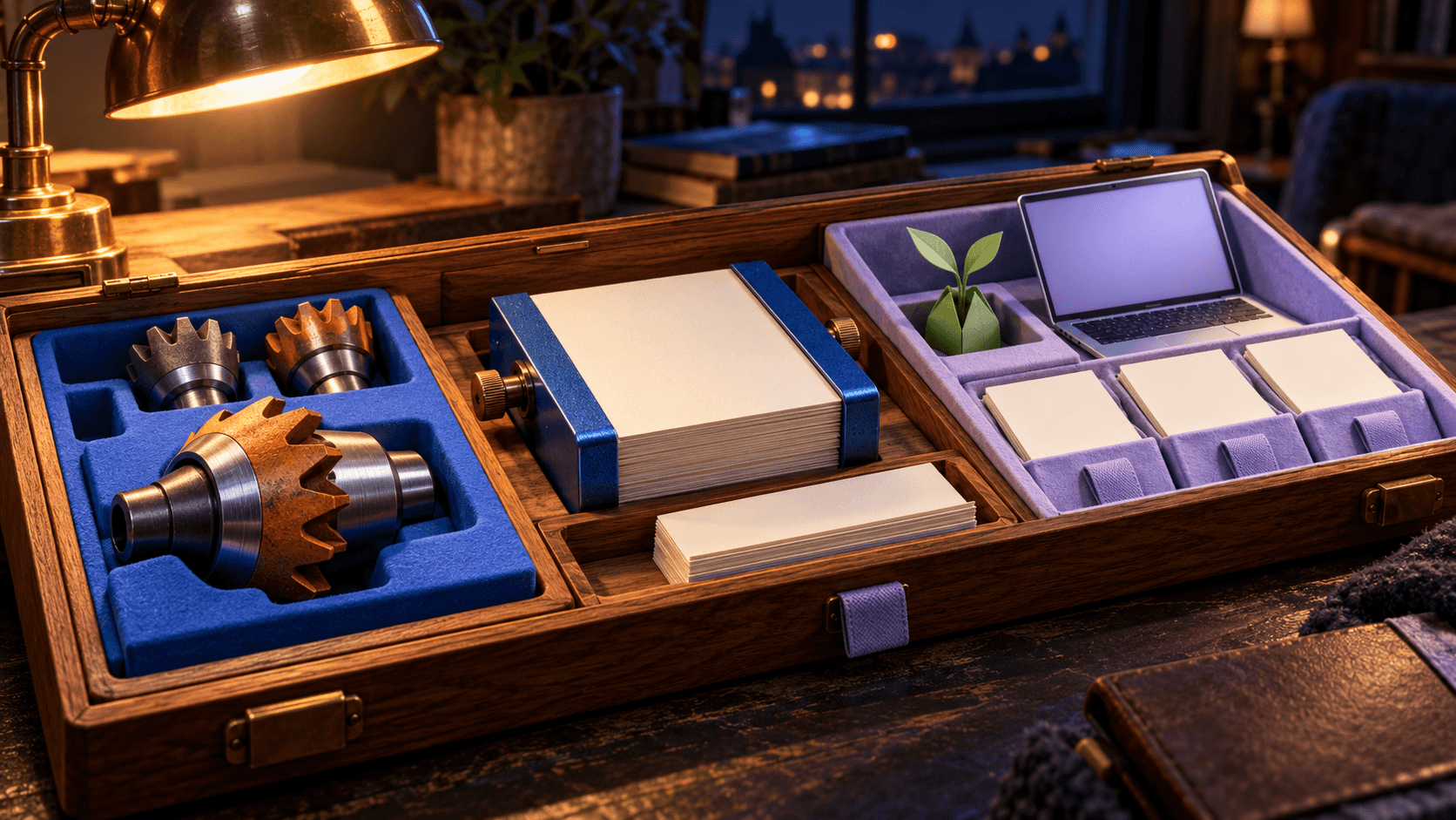 A miniature wooden case holds metal tools, clamped blank dependency records, and a lavender build-planning kit with a laptop and paper sprout beneath a warm desk lamp.